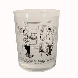Vintage Bill Davey 70s Fishing Theme Comic Cartoon Whiskey Barware Frosted/Clear